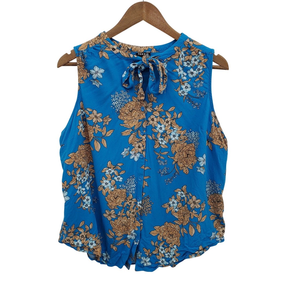 Torrid Womens Blue Sleeveless Button Front Floral Blouse Top Size 1 Keyhole Neck